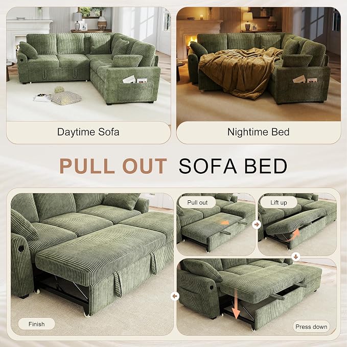 Hanherry Sectional Couch with Pull Out Sofa Bed, Corduroy Sleeper Sofa with 2 - Image 3