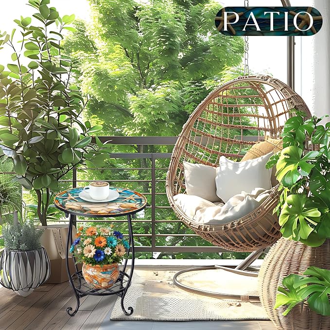 Cinnvoice Outdoor Side Table Round Small Mosaic Patio Accent Indoor End Plant - Image 2