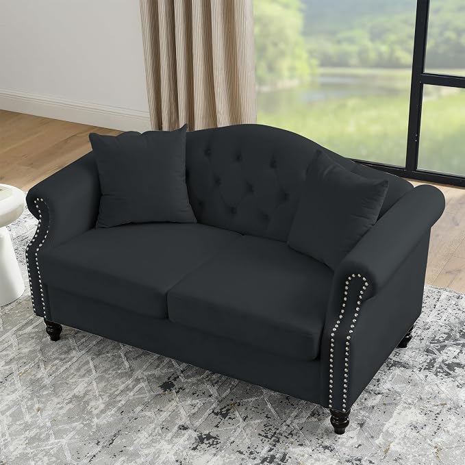 57" Chesterfield Black Velvet 2-Seater Sofa - Image 6