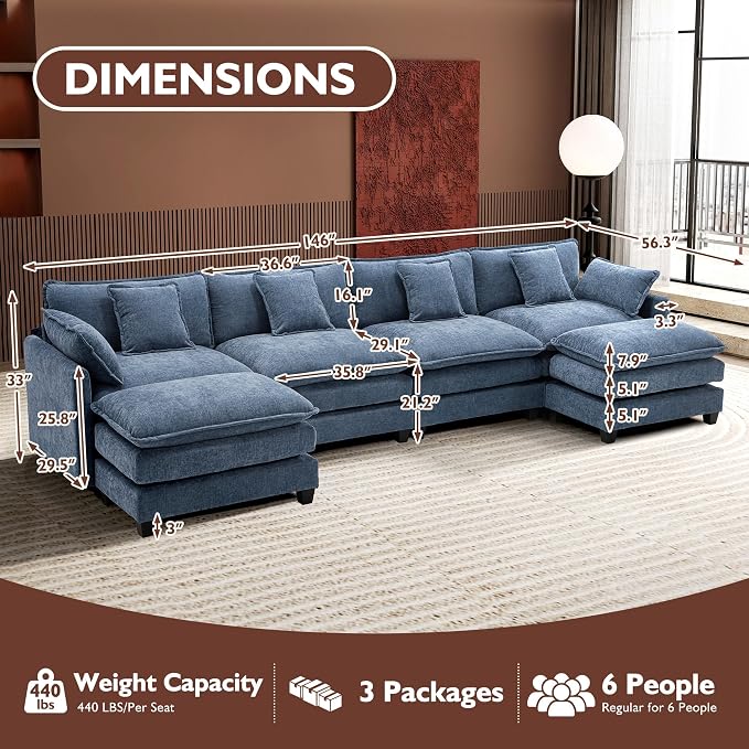 Ihanherry 146" U-Shaped Modern Sofa Modular Sectional Cloud Couch - Image 2