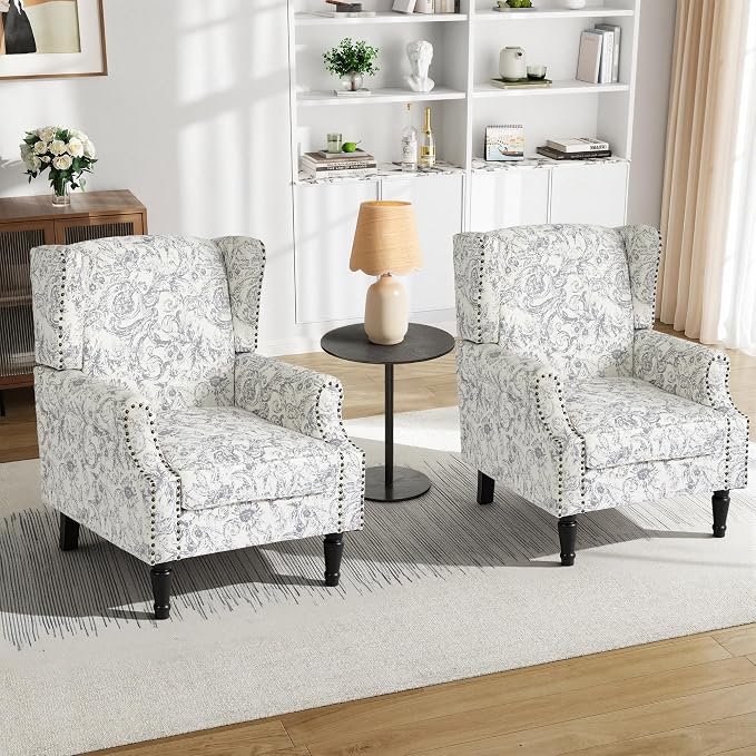 Pia Ricco Set of 2 Floral Accent Chairs, High Back Upholstered Armchairs - Image 6