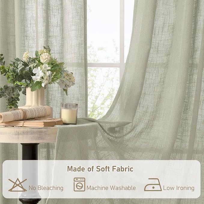Sage Grey Linen Boho Sheer Curtains 84 inch Length 2 Panels | Light Filtering - Image 8