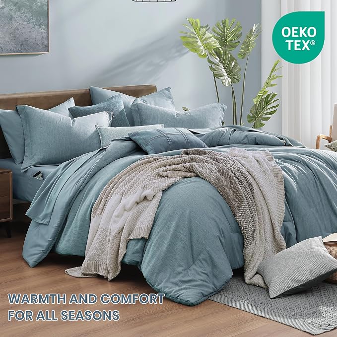 Monbix King Size Comforter Set, 7 Pieces Dusty Blue Cationic Dyeing Bed in a - Image 2