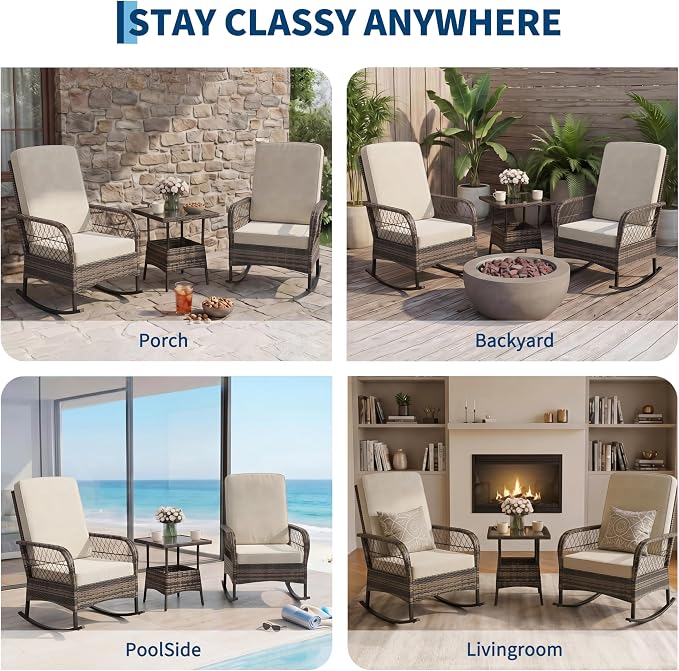 GarveeHome 3-Piece Outdoor Rocking Chair Set, Wicker Rattan Patio Furniture - Image 8