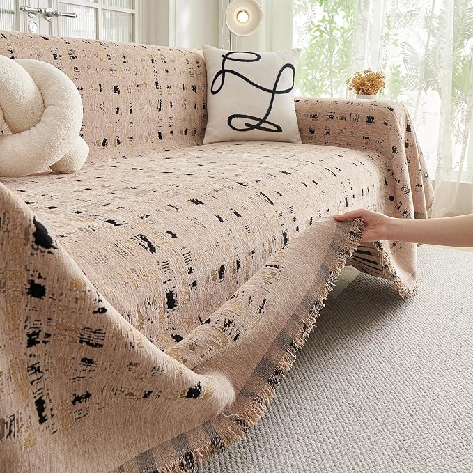 DREAMINGO Abstract Chenille Couch Cover Blanket Coffee Black Boho Sofa Cover - Image 4