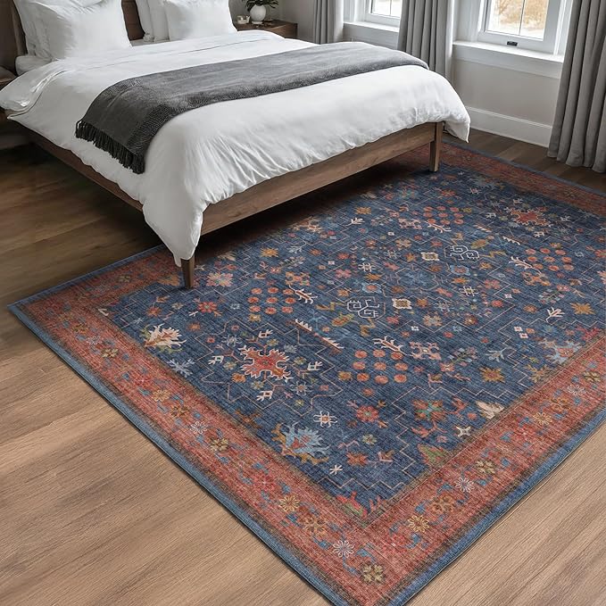 Dark Blue & Terracotta 5x8 Living Room Rug - Image 6