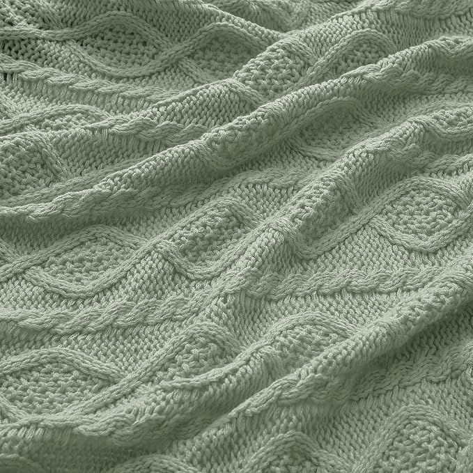 Homiest Cable Knit Throw Blanket and Pillow Set, Sage Green Set of 3, Knitted - Image 6