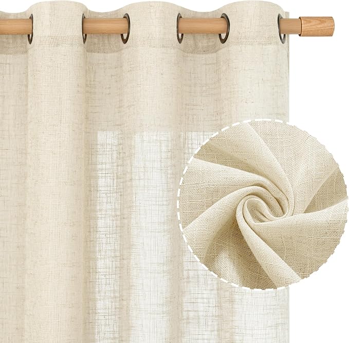 Beige Linen Semi Sheer Curtains 60 Inch Length - Image 2