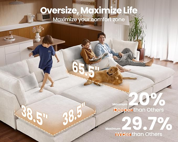 77" Oversized Chenille Couch Modular Sectional Sofa, Washable Cloud Couch - Image 3