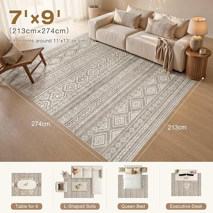 cotiled Boho 7x9 Area Rug for Living Room: Large Moroccan Washable Rug | Solve - Image 7