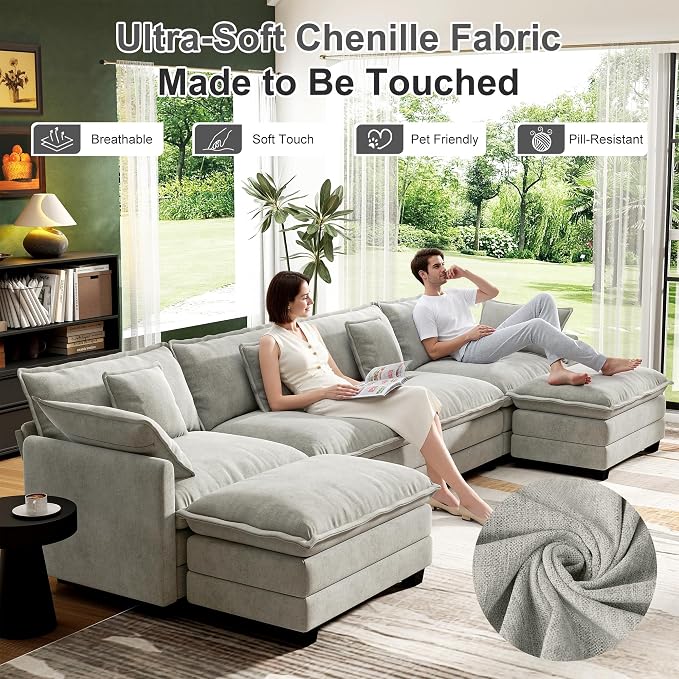 146" Cloud Couch Sectional, U Shaped Modular Sectional Sofa, 4-Seat Deep Seat - Image 5
