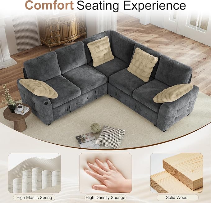 Hanherry Sectional Couch with Pull Out Sofa Bed, Chenille Sleeper Sofa with 2 - Image 6