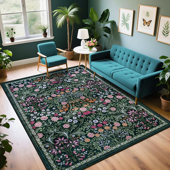 PLHXFR Area Rug Living Room: 4x6 Floral Washable Boho Carpet Dark Green | by PLHXFRSoftAreaRugs