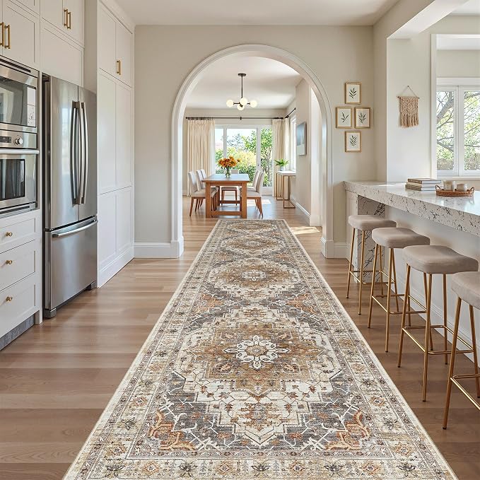 Madane Hallway Runner Rug 3x14 Washable Kitchen Runners Long, Turmeric/Grey | - Image 3