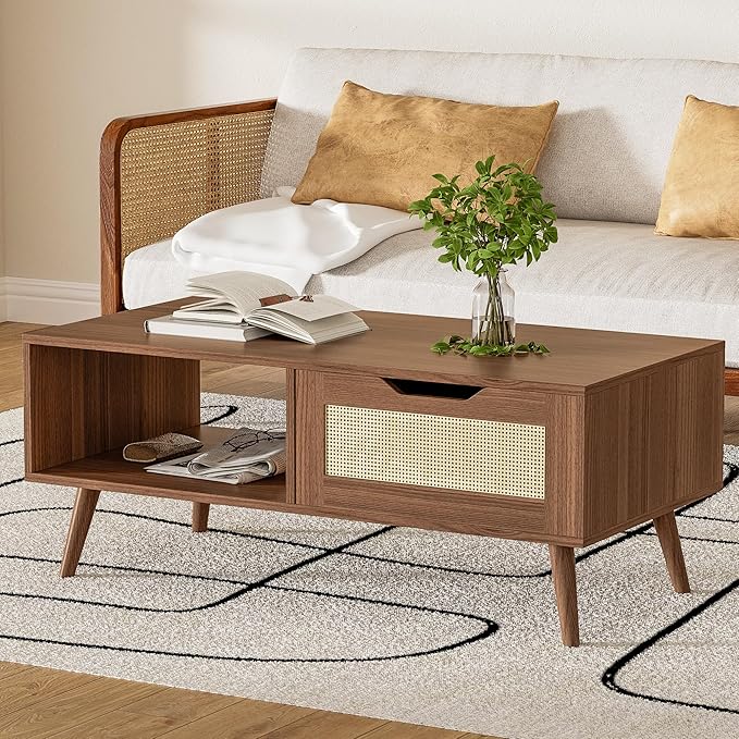 DIYART Brown Rattan Coffee Table, Mid Century Modern by DIYART