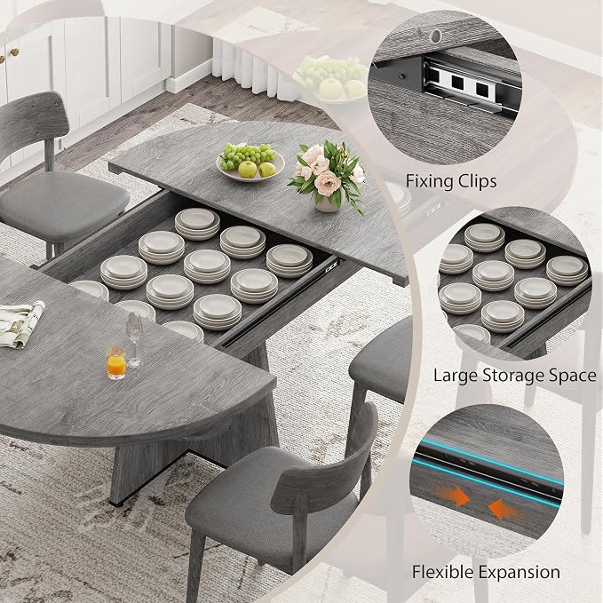 43''–59'' Extendable Dining Table, Round Kitchen Dining Room Dinner Table - Image 7