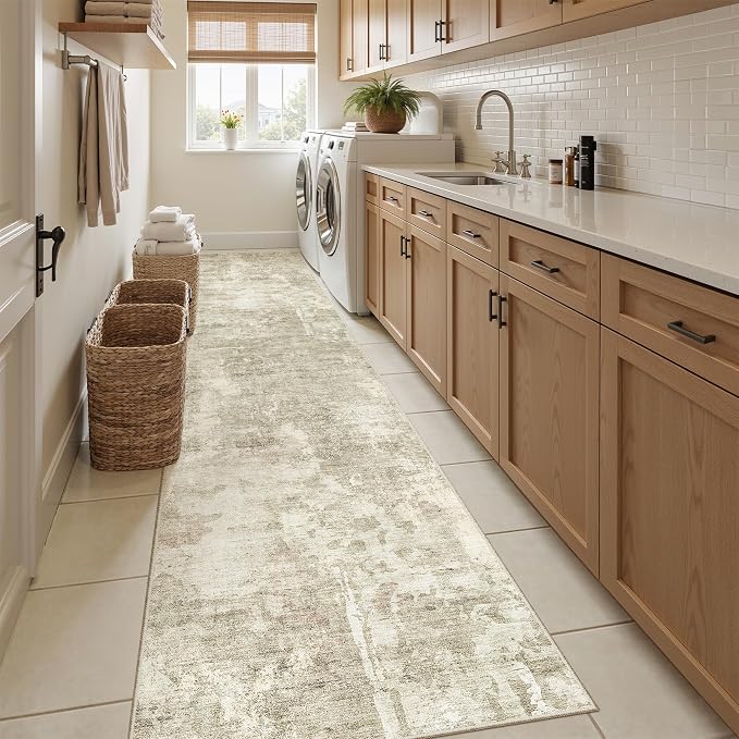Soalmost Abstract Runner Rug 2x10 Hallway Kitchen Runners Beige/Gray | Vintage - Image 4