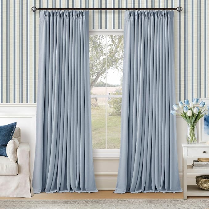 120 Inch 100% Blackout Pinch Pleated Linen Curtains Light Blue by Twodrapes