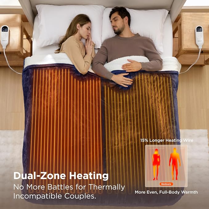 Bedsure Heated Blanket Queen Size, Dual Control Electric Blanket, 6 Heat/6 - Image 3