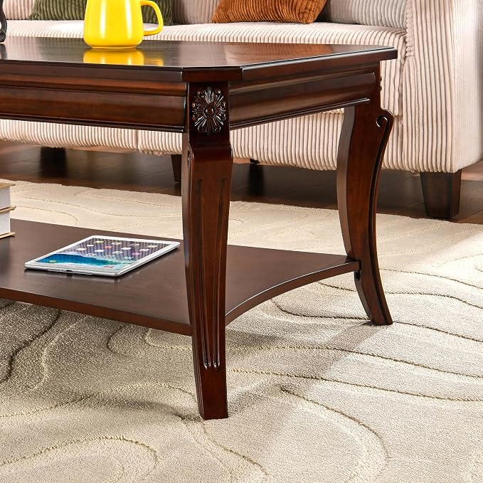 Traditional Coffee Table with Storage Shelf and Carved Leg, Farmhouse Living - Image 7