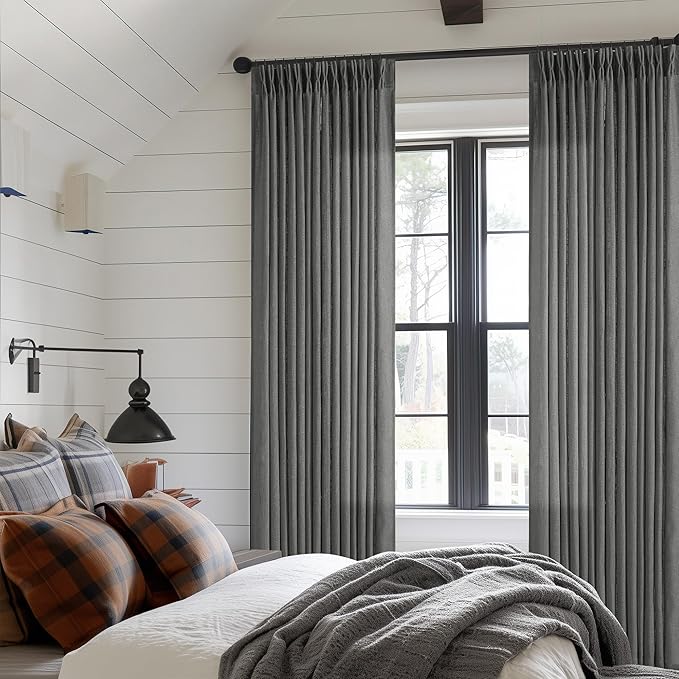 Charcoal Grey 84 Inch Pinch Pleated Linen Semi Sheer Curtains 2 Panel Set | - Image 8