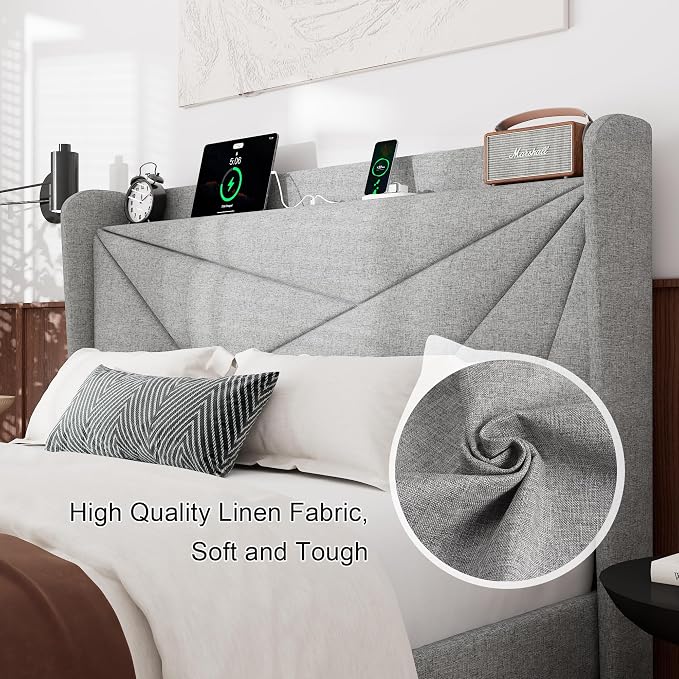 Feonase Full Bed Frame with Charging Station, Linen Upholstered Platform - Image 5