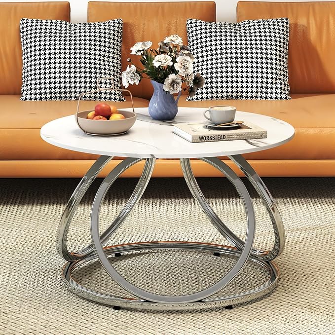 O&K FURNITURE Silver Coffee Table, Round Coffee Table Faux Marble Veins - Image 5