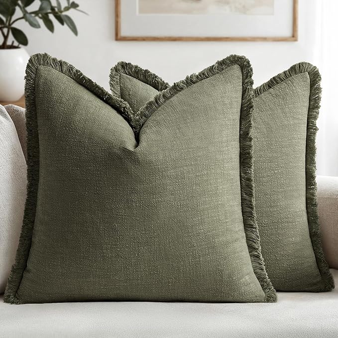MIULEE Linen Fringe Decorative Euro Throw Pillow Covers Olive Green 24x24 | Set by MIULEE
