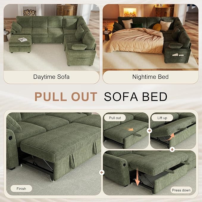 Hanherry Sectional Couch with Pull Out Sofa Bed, Corduroy Sleeper Sofa with - Image 3