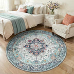 RELEANY Washable Area Rug, Round 5ft, Teal Green/White/Navy | Non-Slip - Image 2