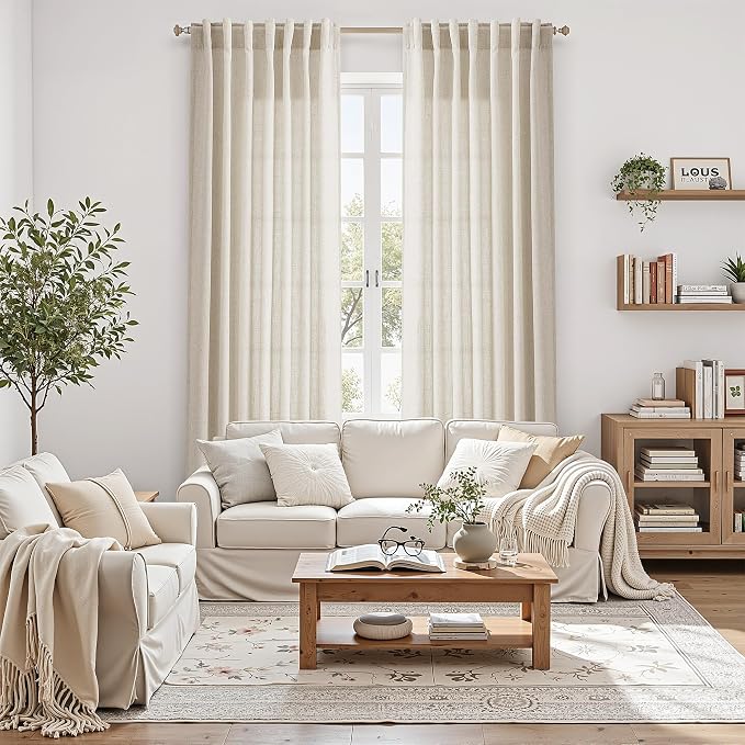 Warm Beige Linen Curtains 90 Inch Long 2 Panels Set - Image 4