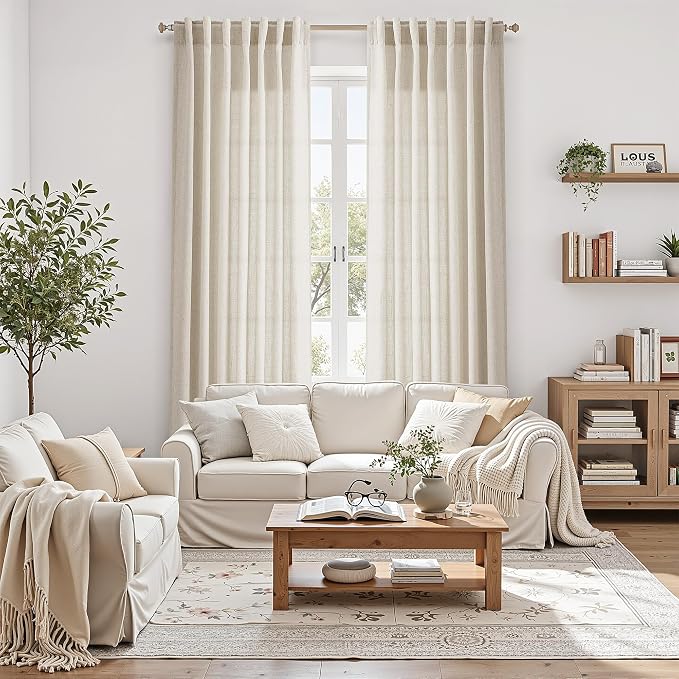 Warm Beige Linen Curtains 84 Inch Length 2 Panels Set - Image 4