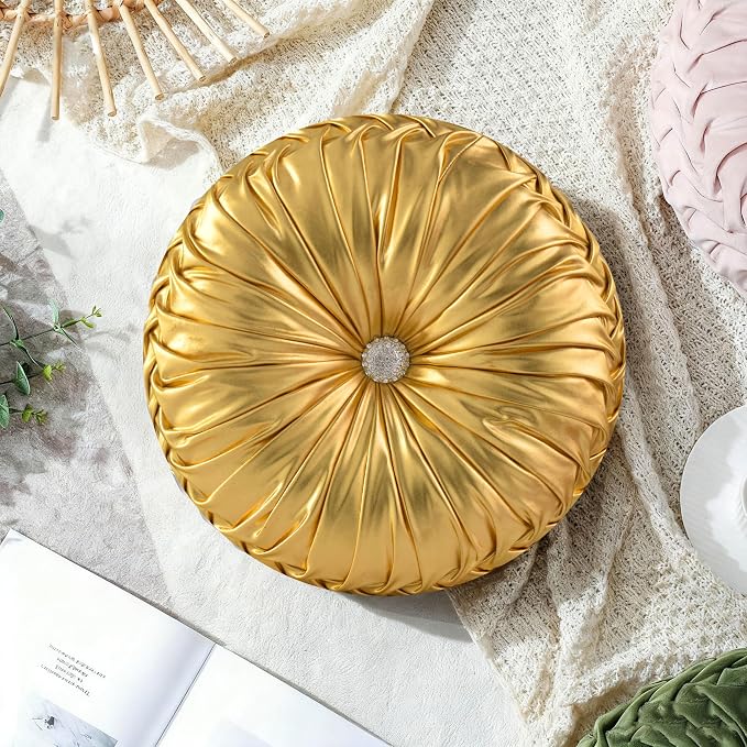 HIG Set of 2 Gold Metallic Leather Decorative Round Pleated Throw Pillows | - Image 7