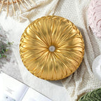 HIG Set of 2 Gold Metallic Leather Decorative Round Pleated Throw Pillows | - Image 7