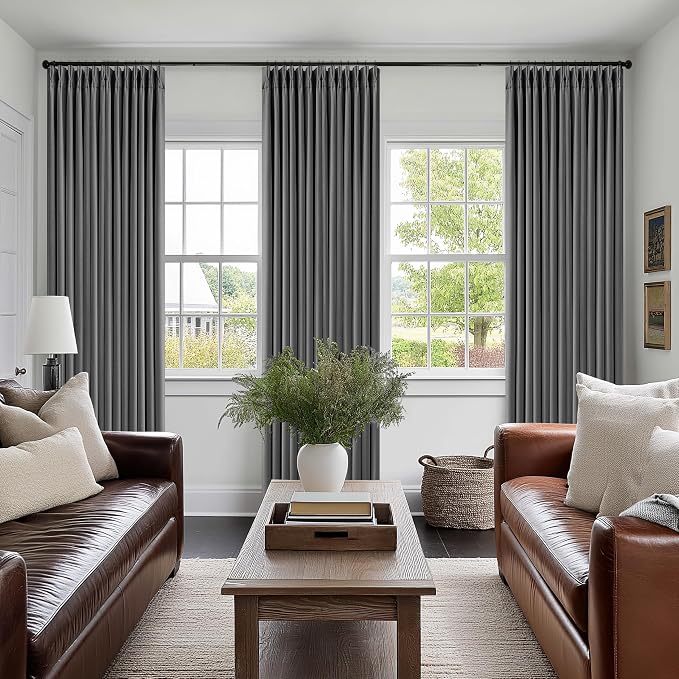 Dark Grey Pleated Thick Linen Blackout Curtains 108 Inches Long - Image 7