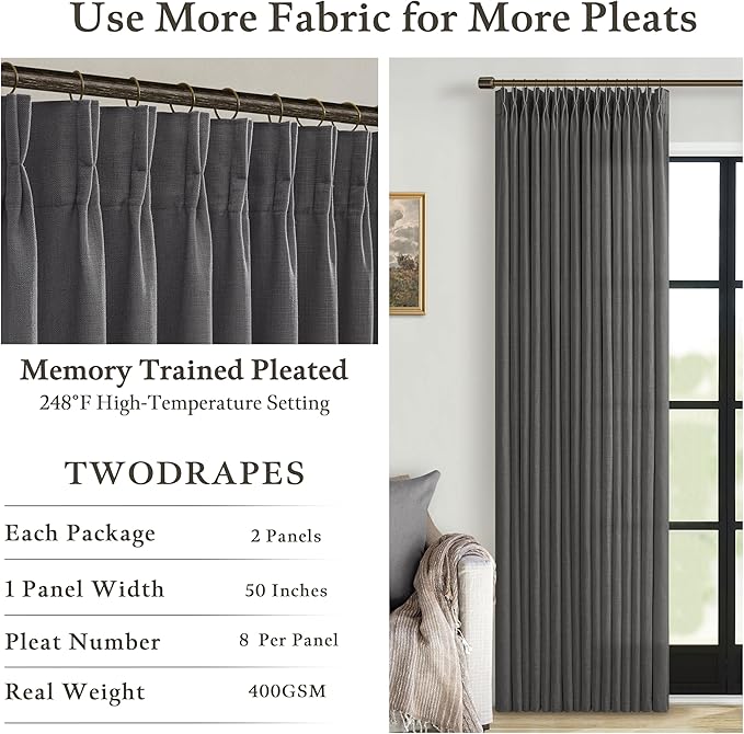 Semi Sheer Linen Blend Pinch Pleated Charcoal Grey Curtains 72 Inch Long | - Image 4
