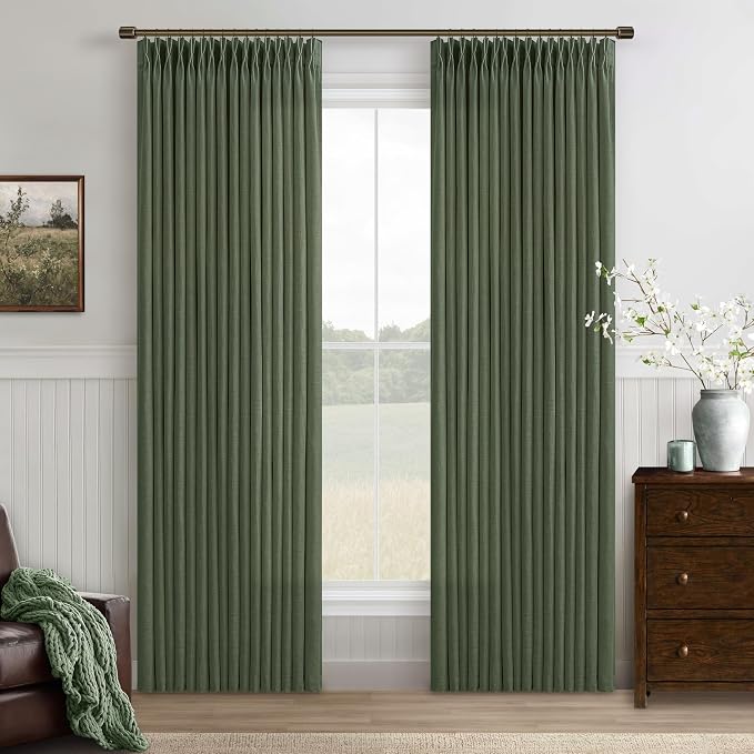 Green Linen Pinch Pleated Semi Sheer Curtains by Twodrapes
