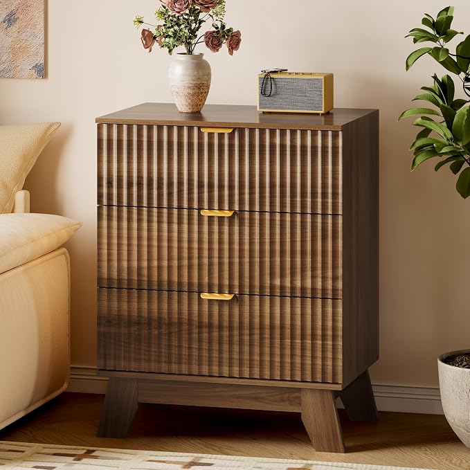 BORNOON Fluted 3 Drawer Dresser, 30.3" Tall Compact Modern Boho Chest of Drawers by BORNOON