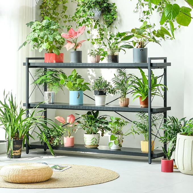 HCHQHS Bookshelf, 3-Tier Long Industrial Bookcase, Freestanding Horizontal - Image 8