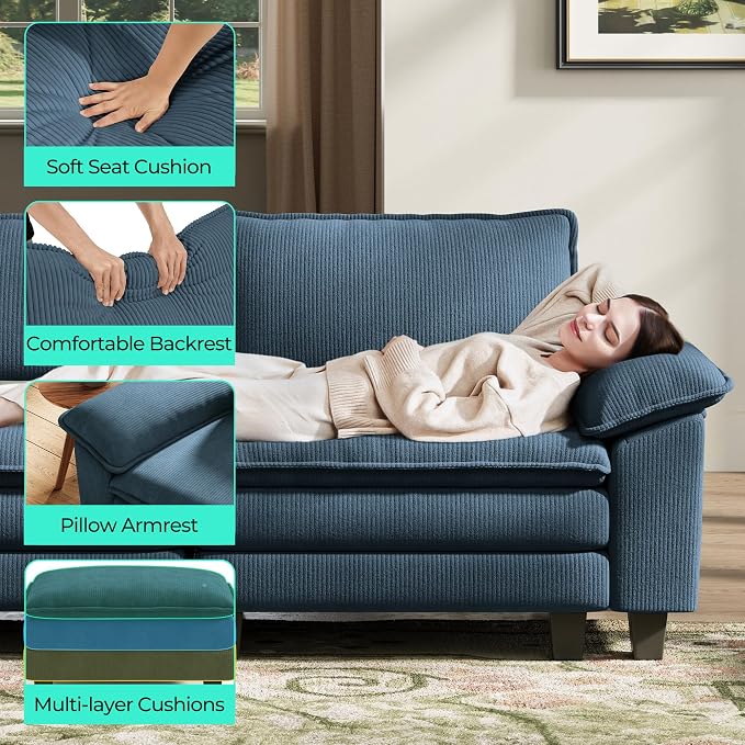 LINSY HOME 123" Modular Sectional Sofa, 3-Seat Corduroy Modern Cloud Couch - Image 4