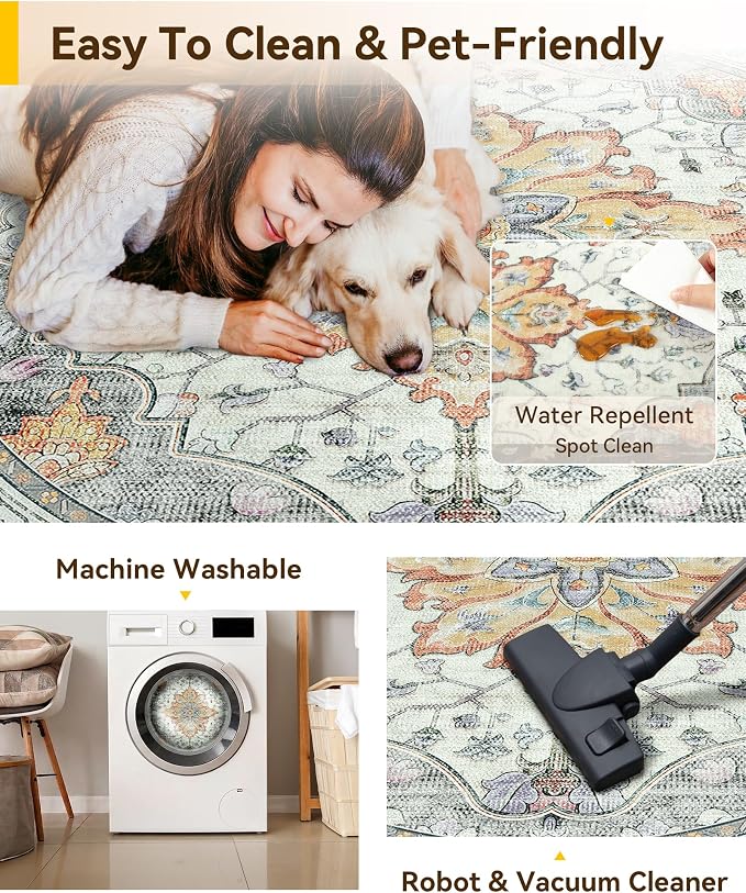 RELEANY Washable Area Rug, Round 8ft, Water Repellent, Pet Friendly, Vintage - Image 5