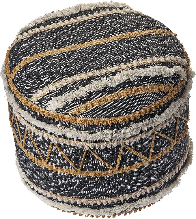 LR Home Black/Tan Coastal Striped Hand-Woven Cotton Ottoman Pouf - Image 3