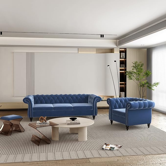 ORRD 2 Pieces Living Room Set, Velvet Couch Chesterfield Sofa Couch Chair - Image 8