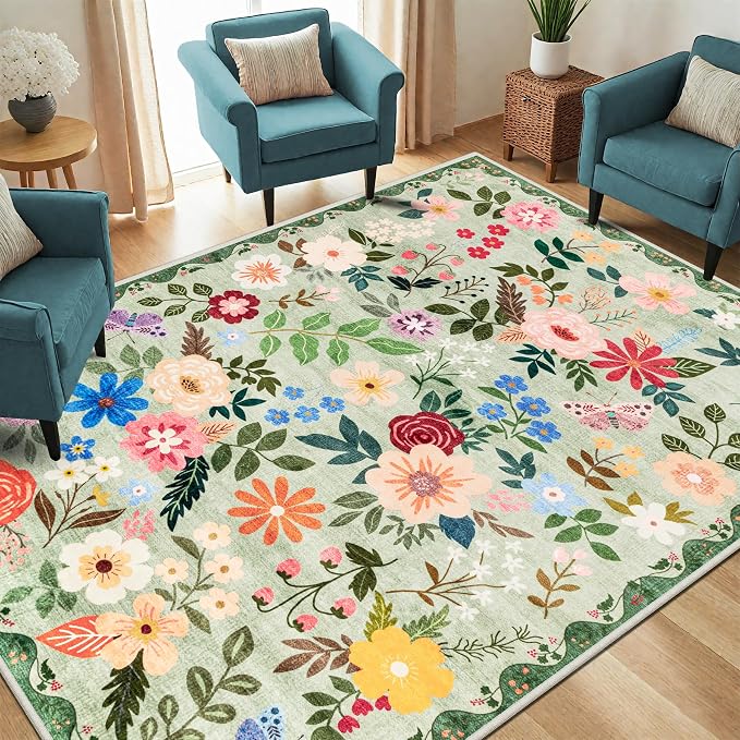 PLHXFR 6x9 Area Rug Living Room: Floral Washable Boho Soft Carpet Green | - Image 2
