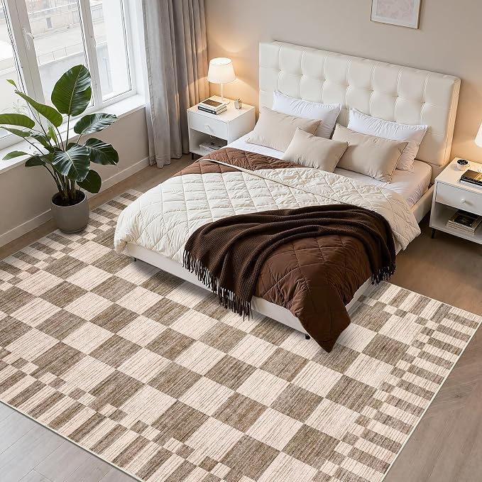 GarveeHome Brown Checkered Rug 5x7 Area Rugs Washable Living Room 5x7 Rug | - Image 9