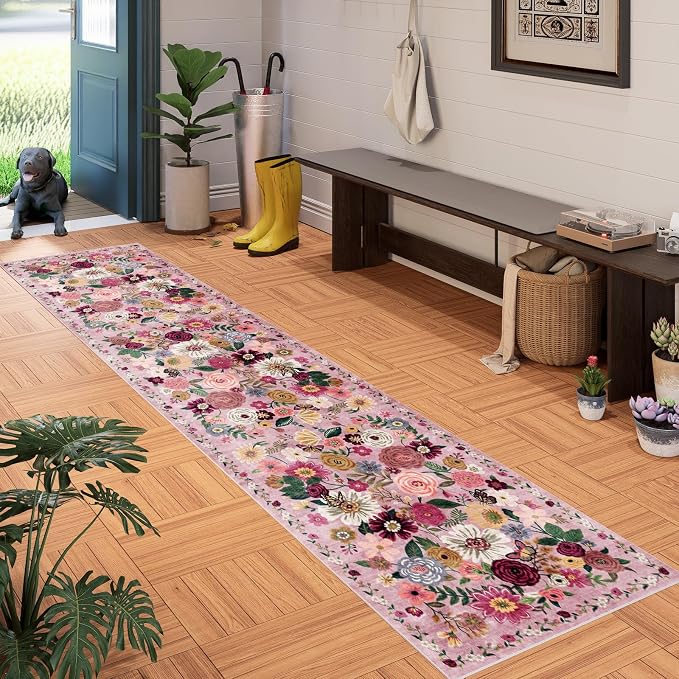Pink Garden Floral Hallway Runner Rug 2x10 - Image 2