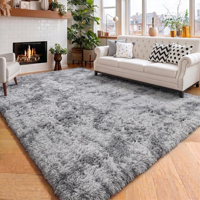 Amdrebio Tie-Dyed Light Grey Fluffy Area Rug 4x6 by Amdrebio