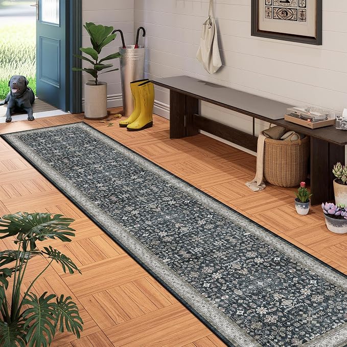 Black Floral Hallway Runner Rug 2'6"x14' - Image 7