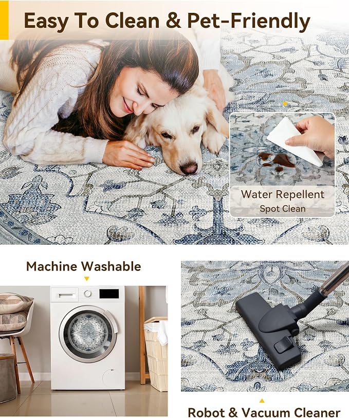 RELEANY Washable Area Rug, Round 5ft, Water Repellent, Pet Friendly, Vintage - Image 5