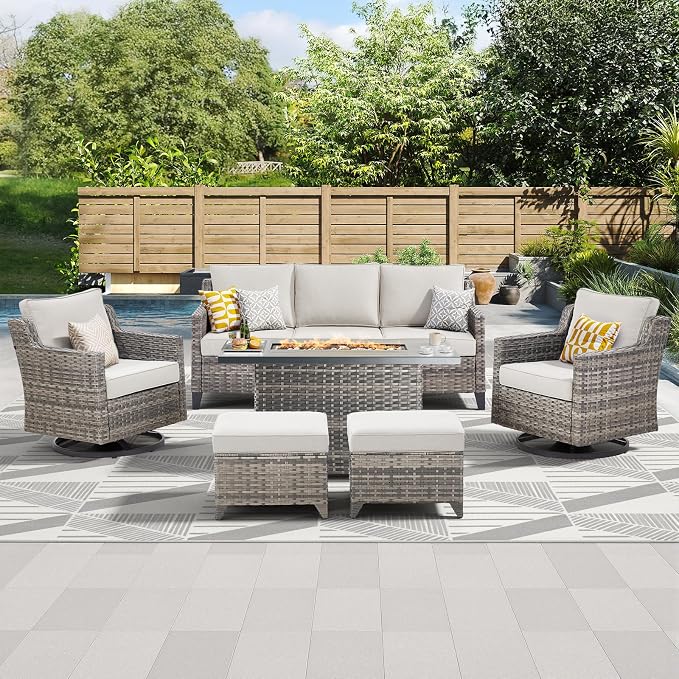 Patio Furniture Set with 42.5" Fire Pit Table-6 Pieces All Weather Wicker by AMCLOBA